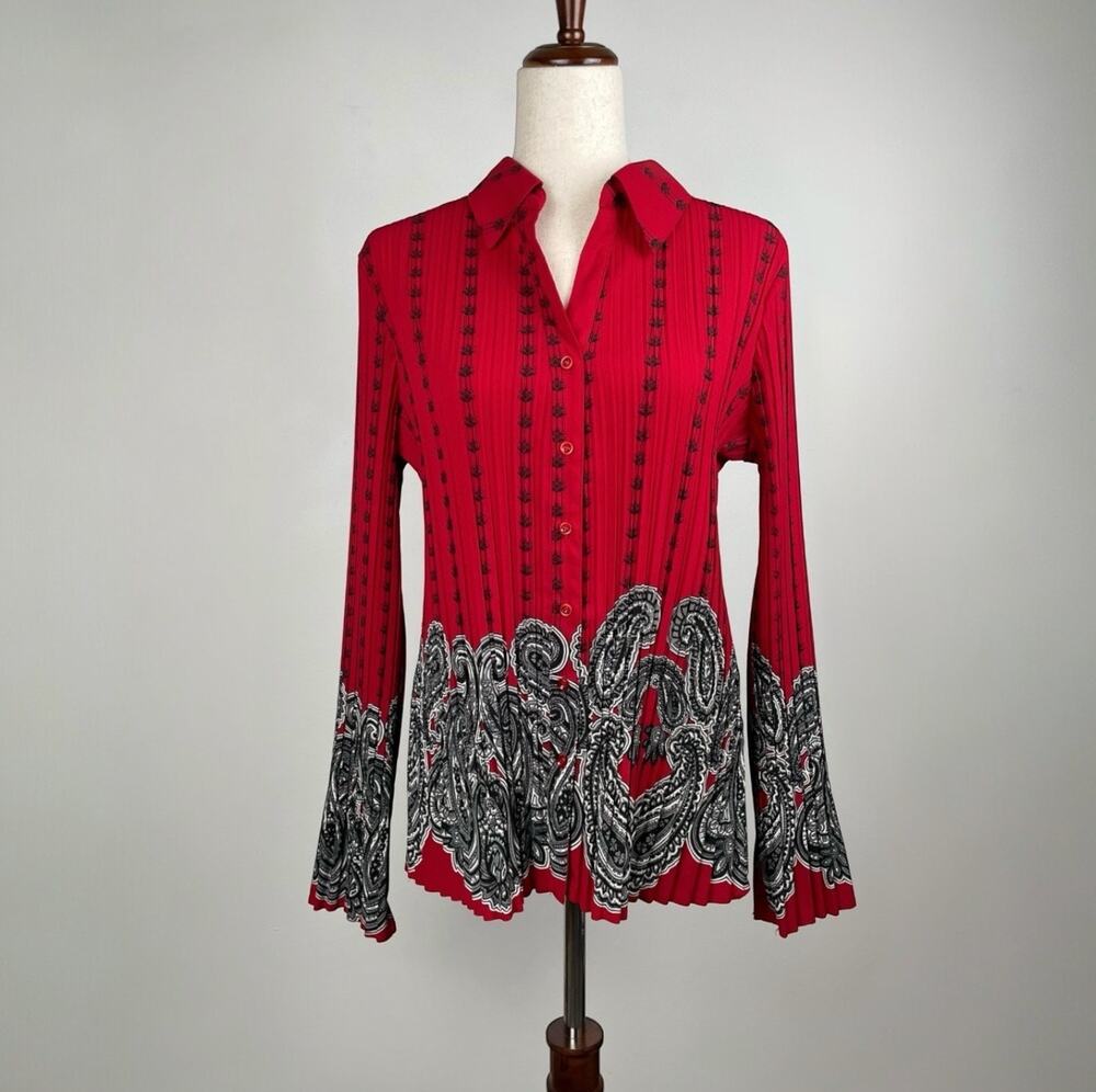 Vintage y2k Fred David Pleated Flare Sleeve Top Paisley Long Sleeve Button Up